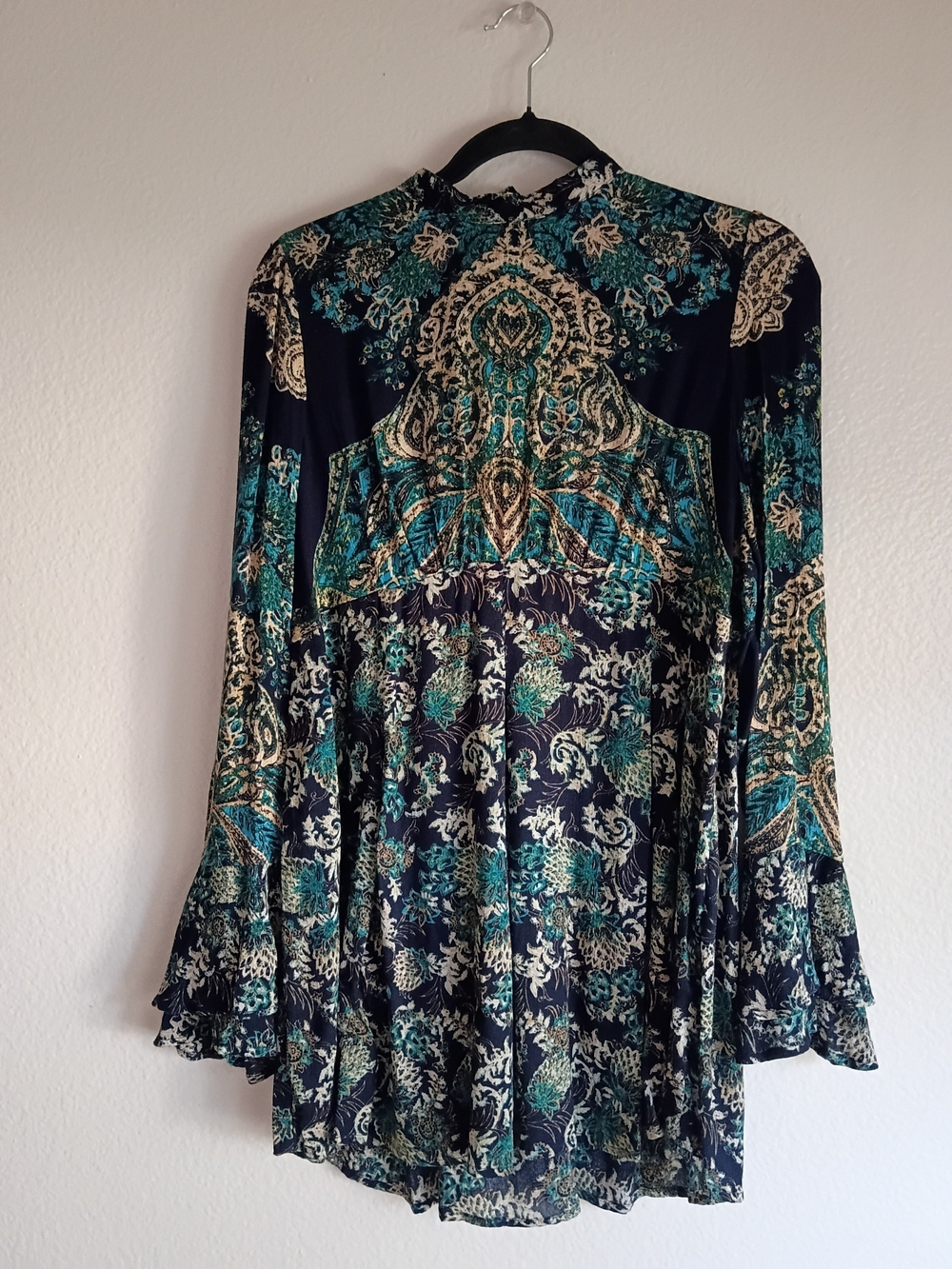 Floral Paisley High-Neck Mini Dress in Teal and Cream